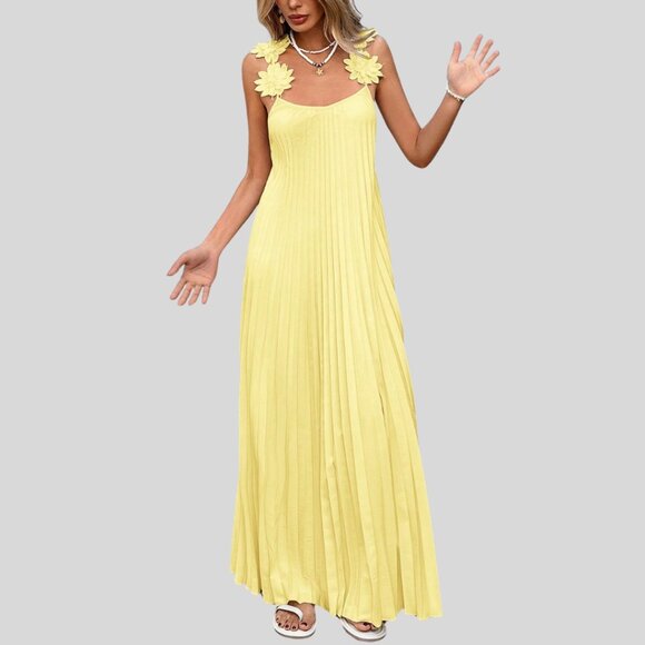 Pleated Maxi With Floral Applique Straps Yellow - Picture 5 of 7